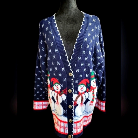 Private Eyes Vintage Snowmen Cardigan Large Large Christmas - Picture 8 of 11